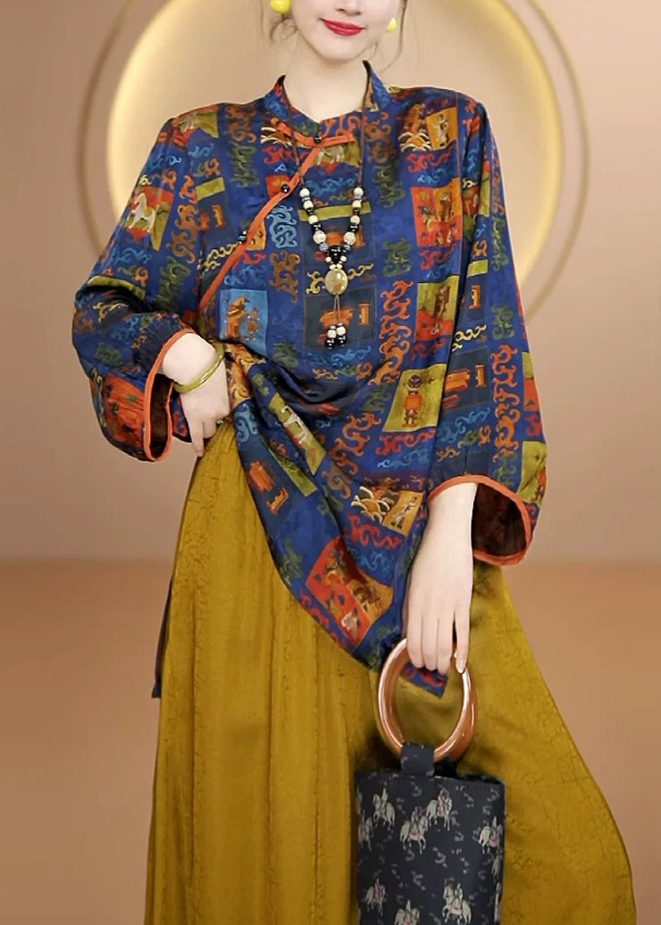 Vintage Blue Print Chinese Button Silk Shirt Top Fall