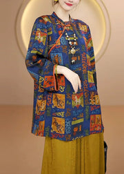 Vintage Blue Print Chinese Button Silk Shirt Top Fall