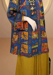 Vintage Blue Print Chinese Button Silk Shirt Top Fall