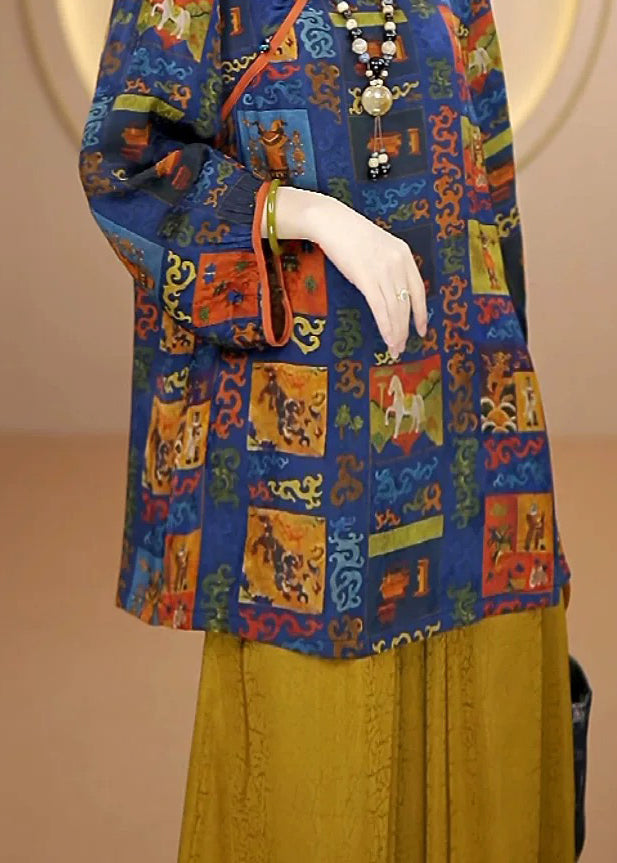 Vintage Blue Print Chinese Button Silk Shirt Top Fall