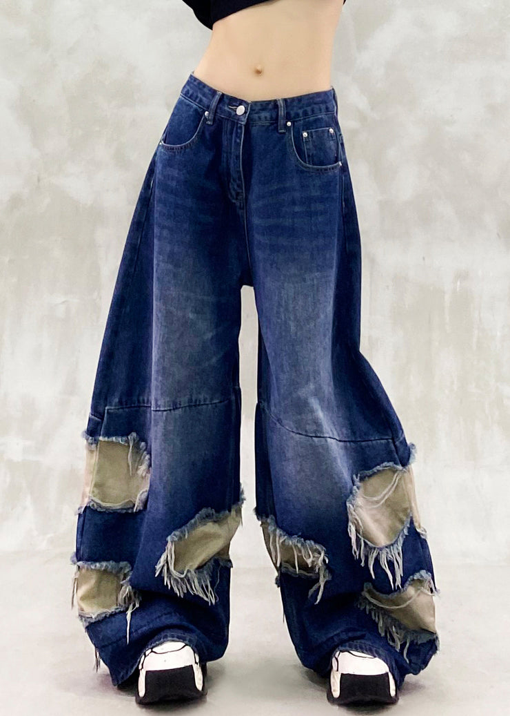 Vintage Blue Ripped Patchwork Denim Wide Leg Pants Spring