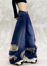 Vintage Blue Ripped Patchwork Denim Wide Leg Pants Spring
