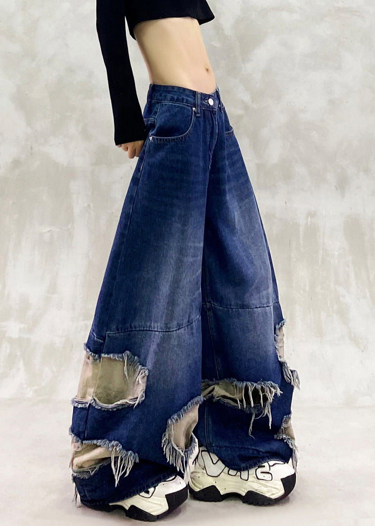 Vintage Blue Ripped Patchwork Denim Wide Leg Pants Spring