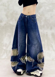 Vintage Blue Ripped Patchwork Denim Wide Leg Pants Spring