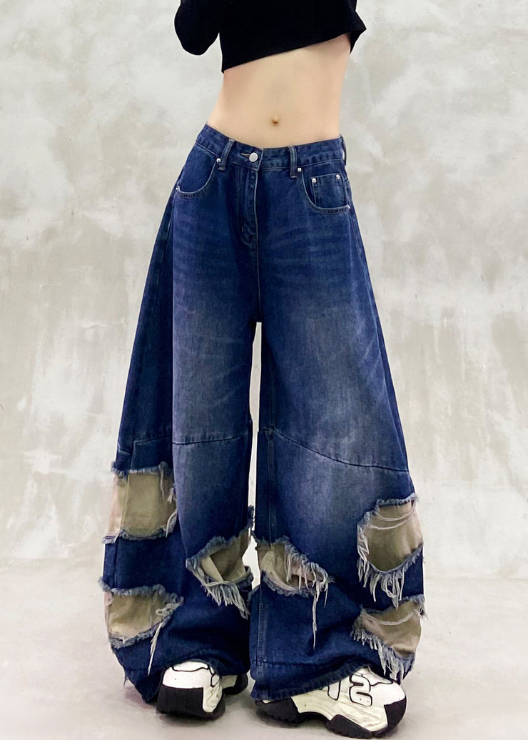 Vintage Blue Ripped Patchwork Denim Wide Leg Pants Spring