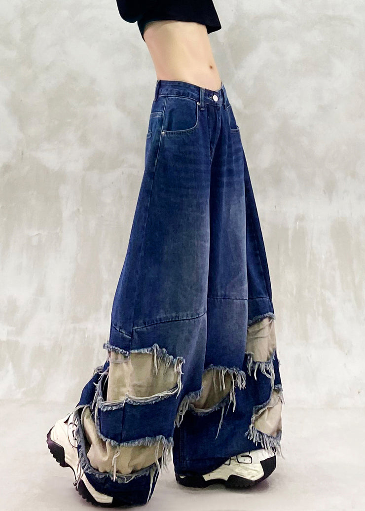 Vintage Blue Ripped Patchwork Denim Wide Leg Pants Spring