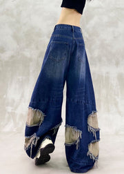 Vintage Blue Ripped Patchwork Denim Wide Leg Pants Spring