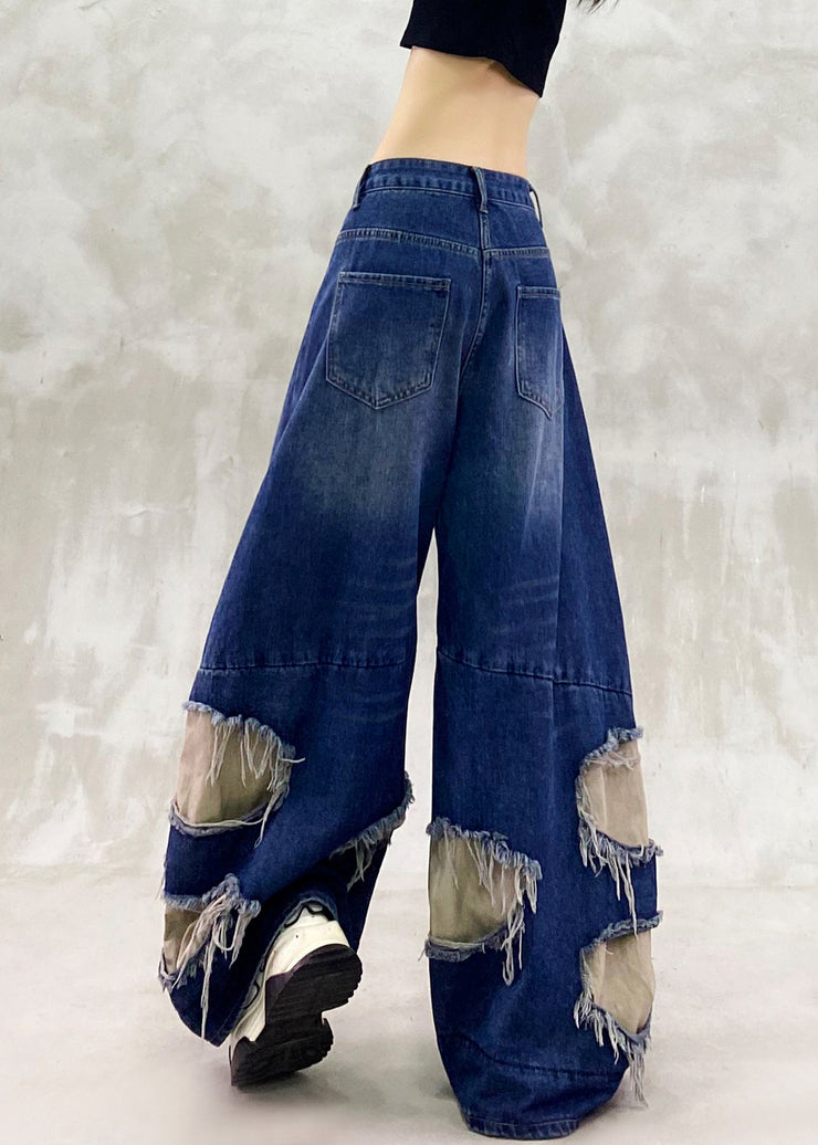 Vintage Blue Ripped Patchwork Denim Wide Leg Pants Spring