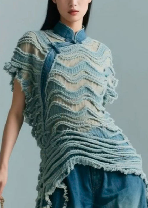 Vintage Blue Stand Collar Original Design Denim Shirt Summer