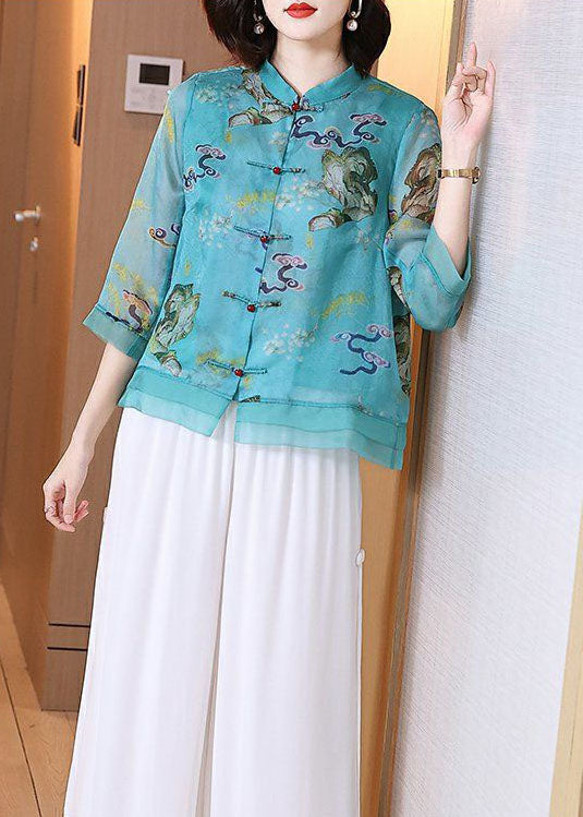 Vintage Blue Print Chinese Button Silk Shirt Top Fall main image 1