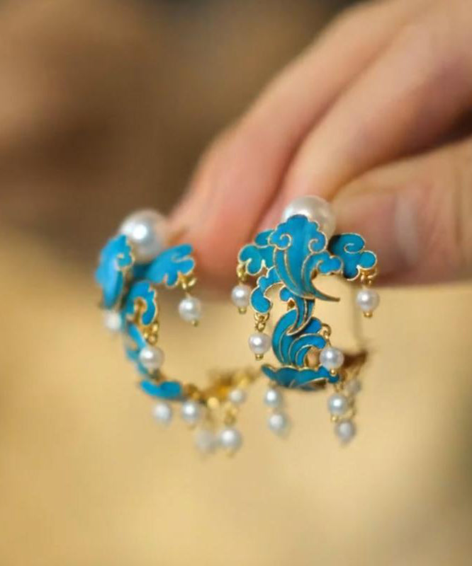 Vintage Blue Sterling Silver Cloisonne Enamel Pearl Tassel Hoop Earrings