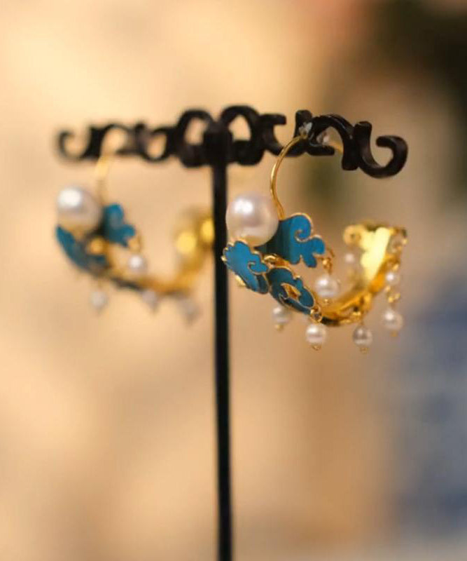 Vintage Blue Sterling Silver Cloisonne Enamel Pearl Tassel Hoop Earrings