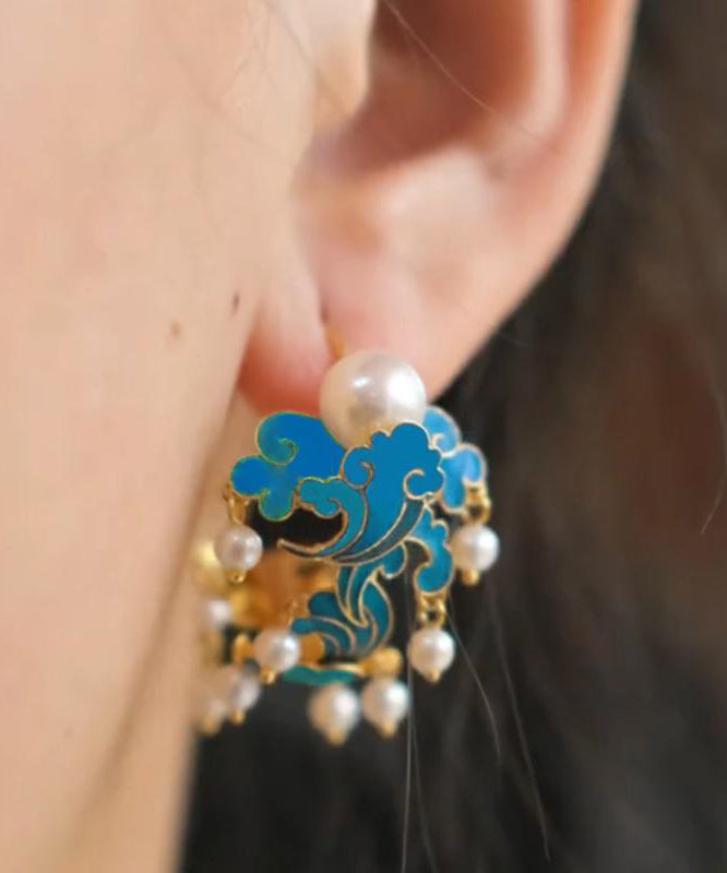 Vintage Blue Sterling Silver Cloisonne Enamel Pearl Tassel Hoop Earrings