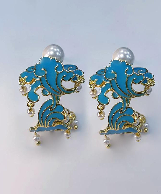 Vintage Blue Sterling Silver Cloisonne Enamel Pearl Tassel Hoop Earrings