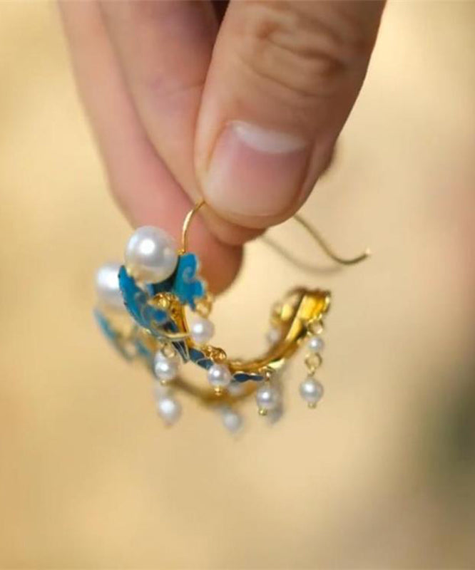 Vintage Blue Sterling Silver Cloisonne Enamel Pearl Tassel Hoop Earrings