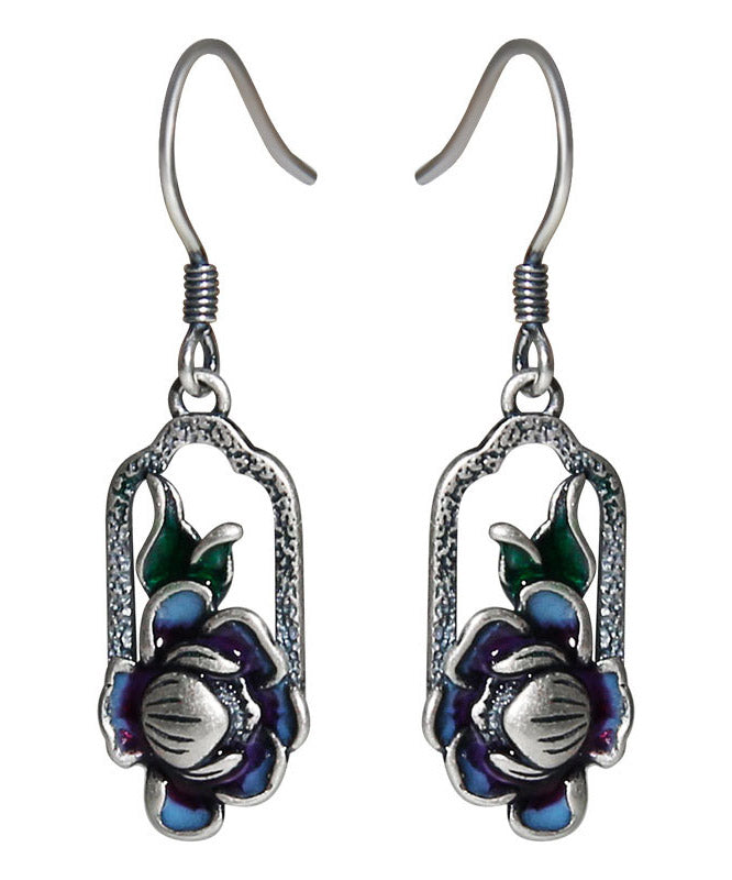 Vintage Blue Sterling Silver Lotus Drop Earrings