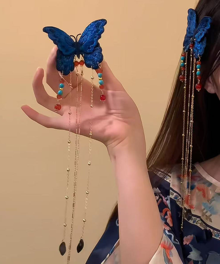Vintage Blue Sterling Silver Overgild Butterfly Tassel Hairpin