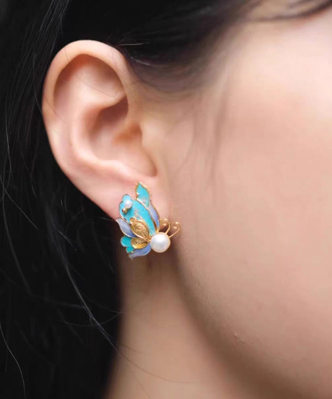 Vintage Blue Sterling Silver Overgild Pearl Butterfly Hollow Out Stud Earrings