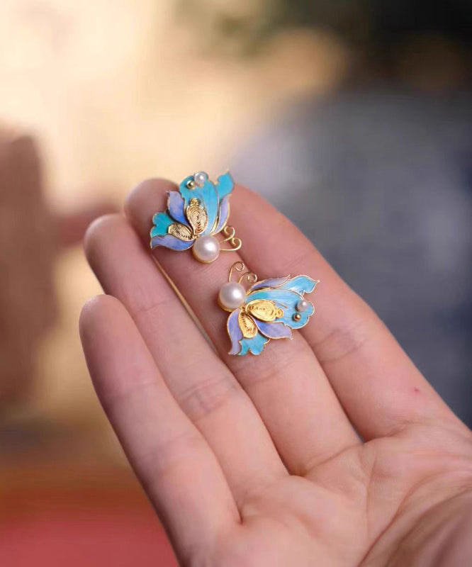 Vintage Blue Sterling Silver Overgild Pearl Butterfly Hollow Out Stud Earrings