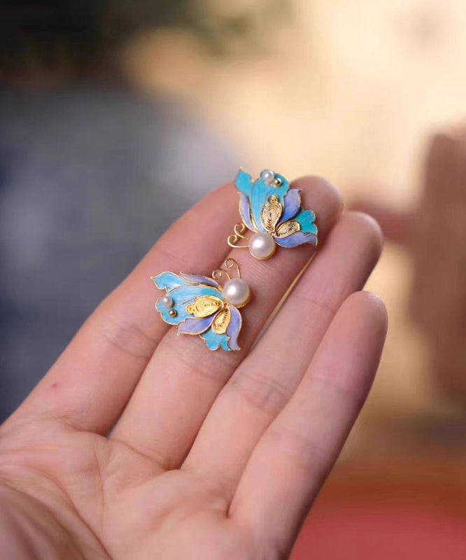 Vintage Blue Sterling Silver Overgild Pearl Butterfly Hollow Out Stud Earrings