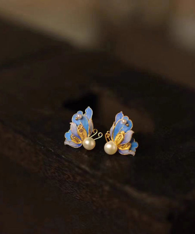 Vintage Blue Sterling Silver Overgild Pearl Butterfly Hollow Out Stud Earrings