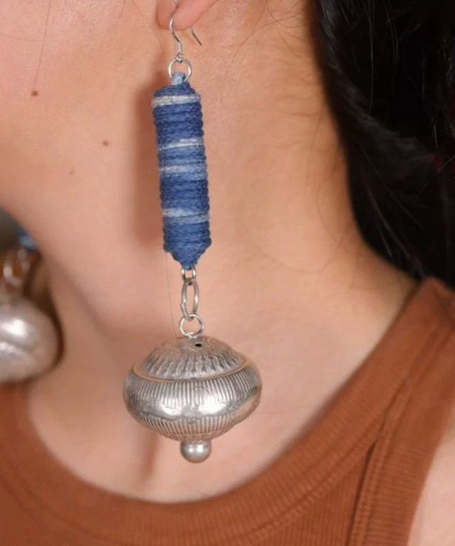 Vintage Blue Sterling Silver Tie Dye Cylinder Small Bell Drop Earrings