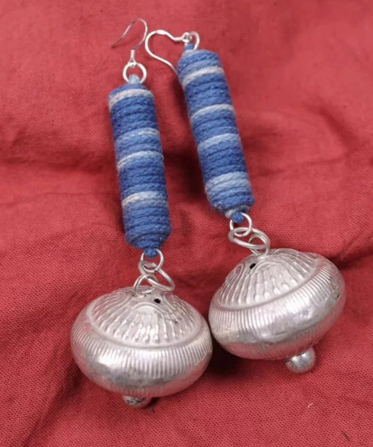 Vintage Blue Sterling Silver Tie Dye Cylinder Small Bell Drop Earrings