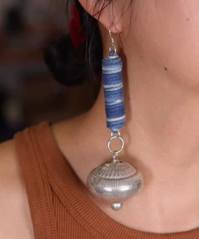 Vintage Blue Sterling Silver Tie Dye Cylinder Small Bell Drop Earrings