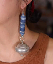 Vintage Blue Sterling Silver Tie Dye Cylinder Small Bell Drop Earrings
