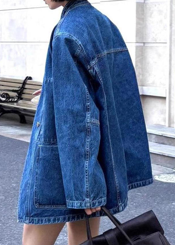 Vintage Blue V Neck Button Pockets Denim Coat Spring