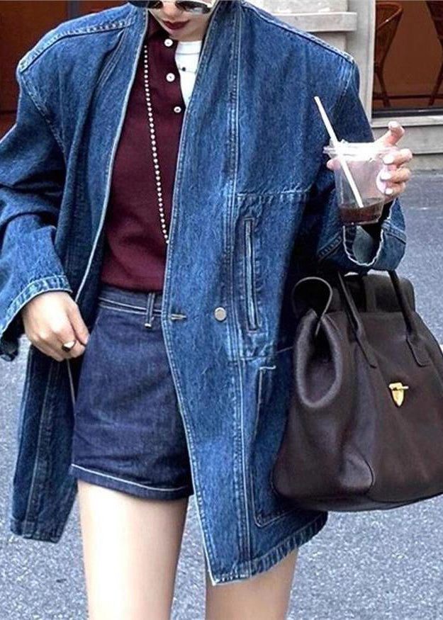 Vintage Blue V Neck Button Pockets Denim Coat Spring