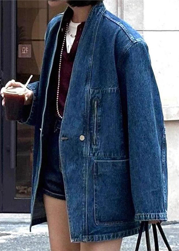 Vintage Blue V Neck Button Pockets Denim Coat Spring