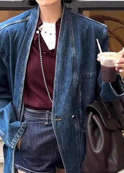 Vintage Blue V Neck Button Pockets Denim Coat Spring