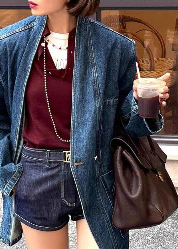 Vintage Blue V Neck Button Pockets Denim Coat Spring