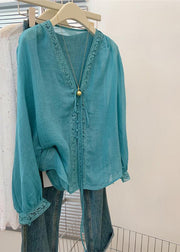Vintage Blue V Neck Hollow Out Top Fall