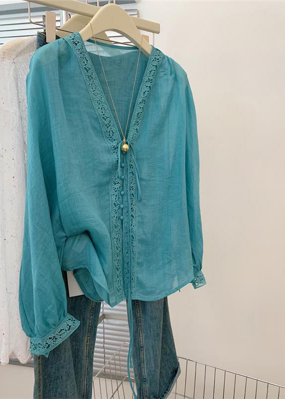 Vintage Blue V Neck Hollow Out Top Fall