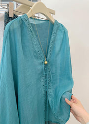 Vintage Blue V Neck Hollow Out Top Fall