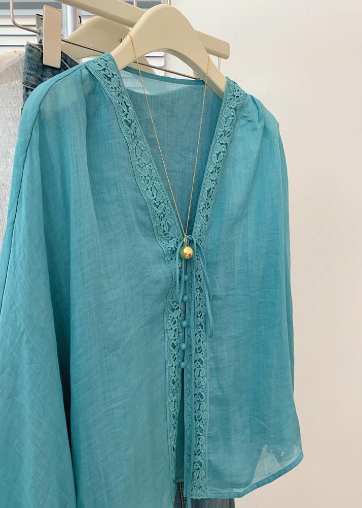 Vintage Blue V Neck Hollow Out Top Fall