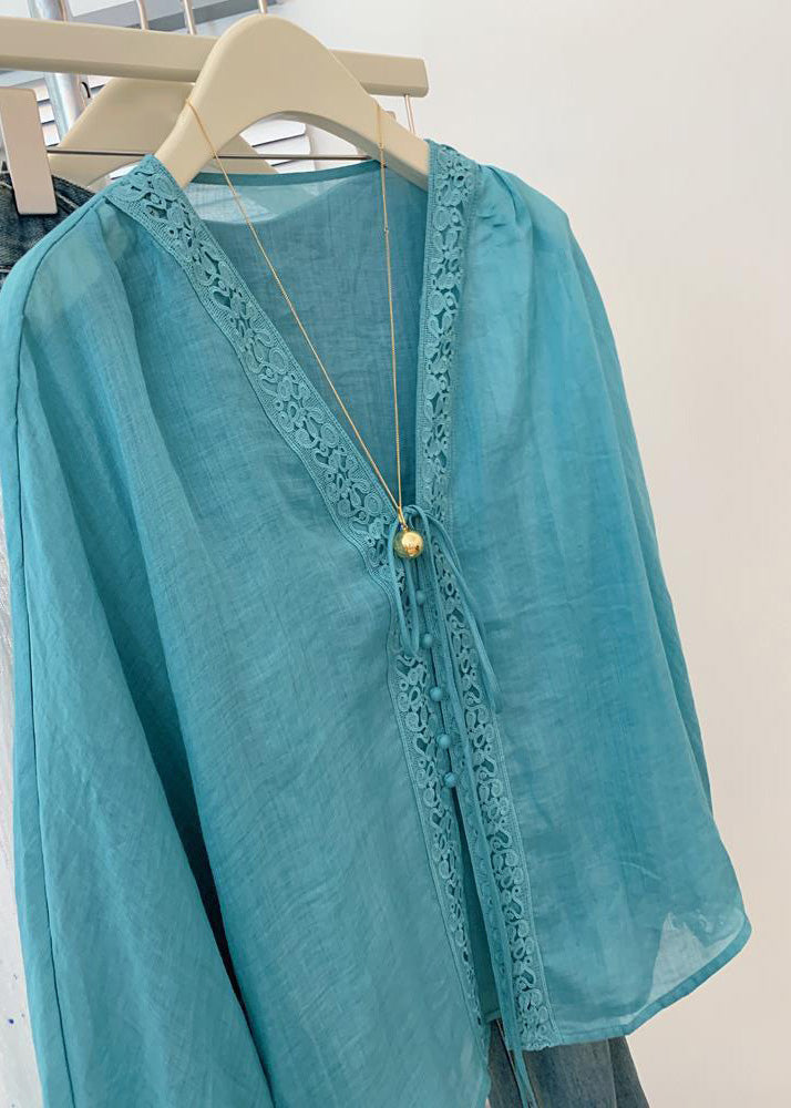 Vintage Blue V Neck Hollow Out Top Fall