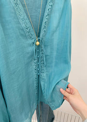 Vintage Blue V Neck Hollow Out Top Fall