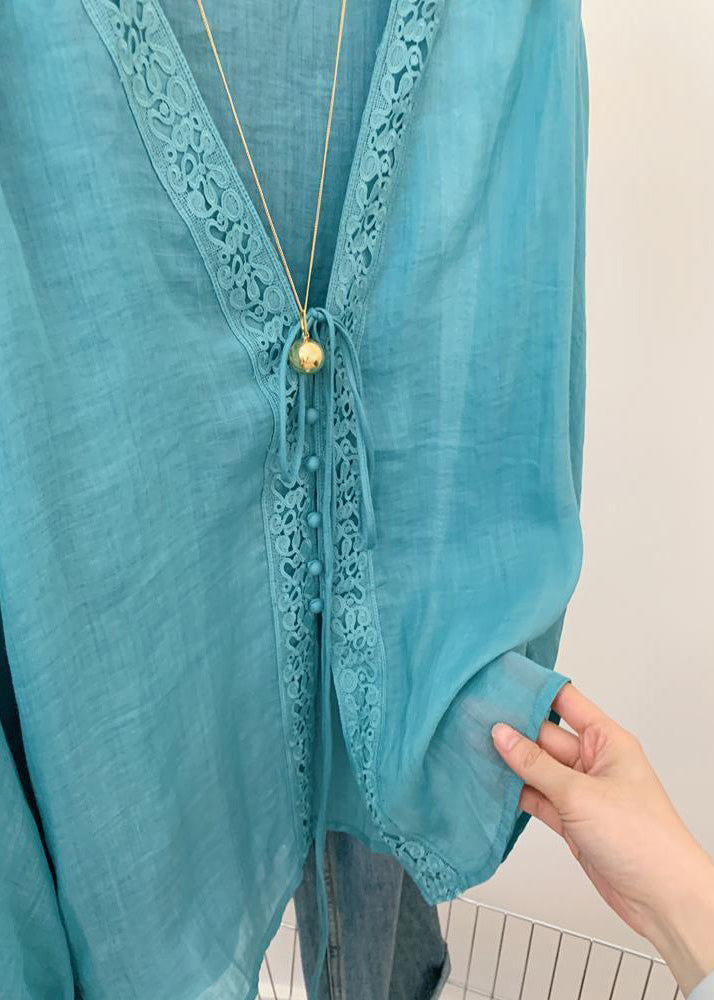 Vintage Blue V Neck Hollow Out Top Fall