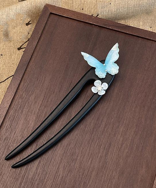 Vintage Blue Wooden Butterfly Floral Hairpin