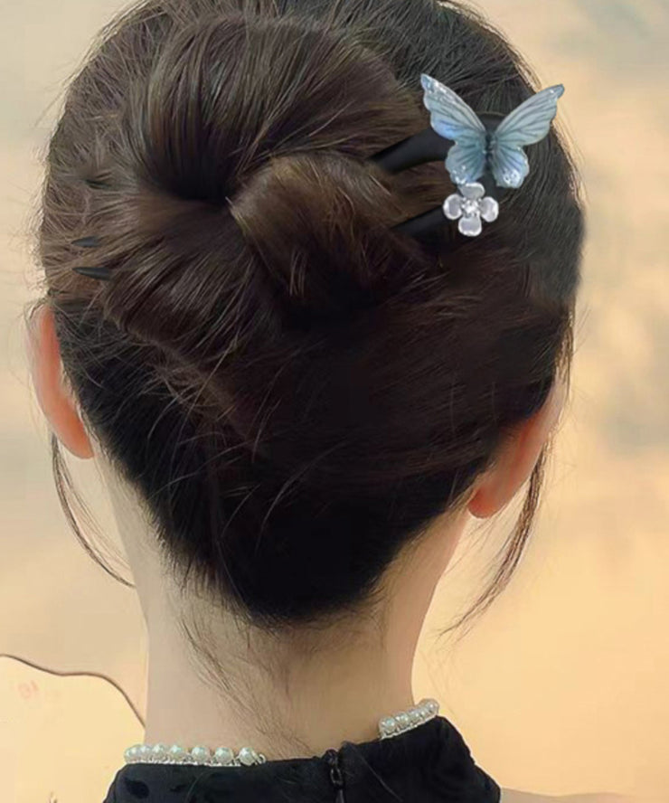 Vintage Blue Wooden Butterfly Floral Hairpin
