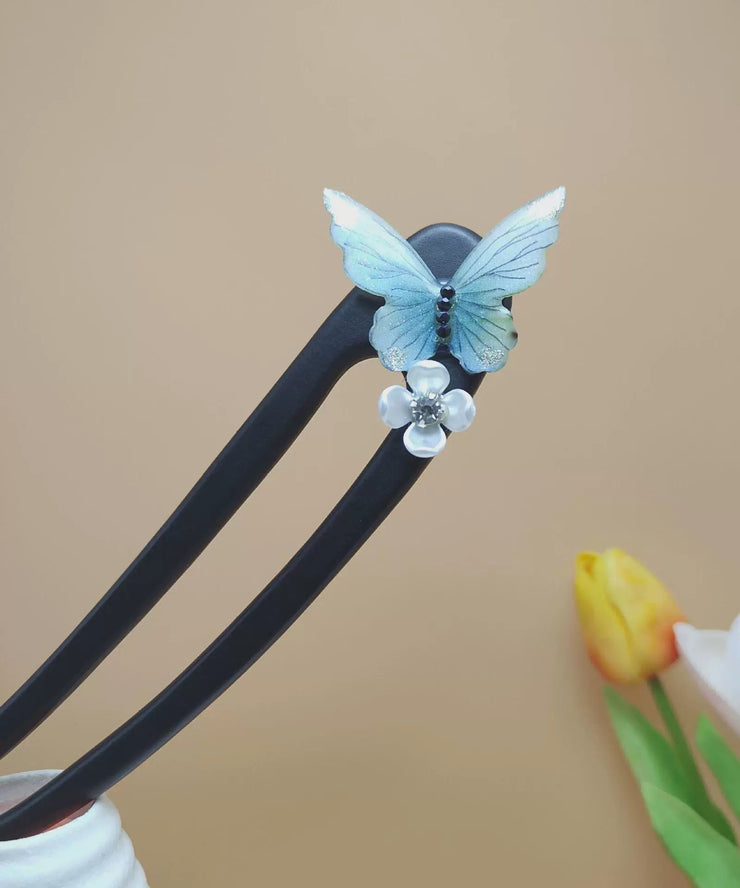 Vintage Blue Wooden Butterfly Floral Hairpin
