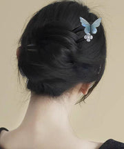 Vintage Blue Wooden Butterfly Floral Hairpin