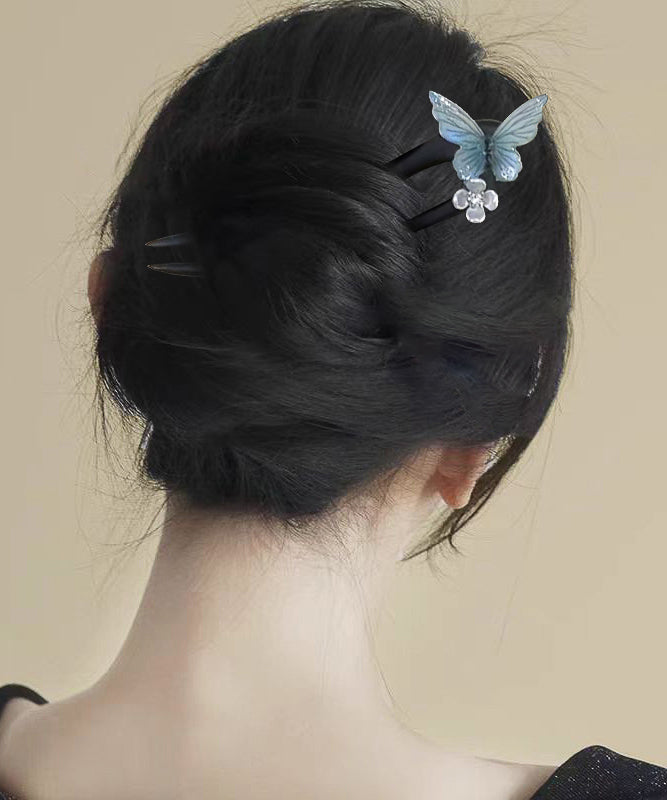 Vintage Blue Wooden Butterfly Floral Hairpin