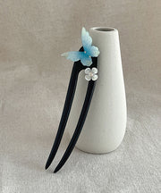 Vintage Blue Wooden Butterfly Floral Hairpin