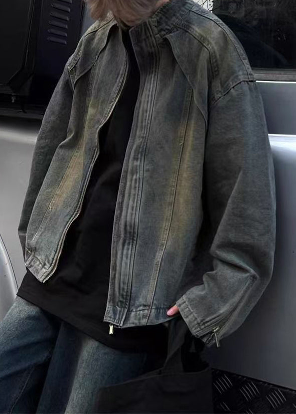 Vintage Blue Zip Up Denim Mens Coats Stand Collar Spring