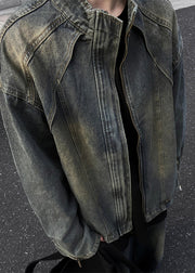 Vintage Blue Zip Up Denim Mens Coats Stand Collar Spring