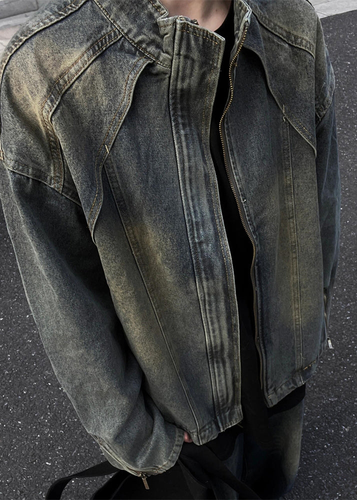 Vintage Blue Zip Up Denim Mens Coats Stand Collar Spring